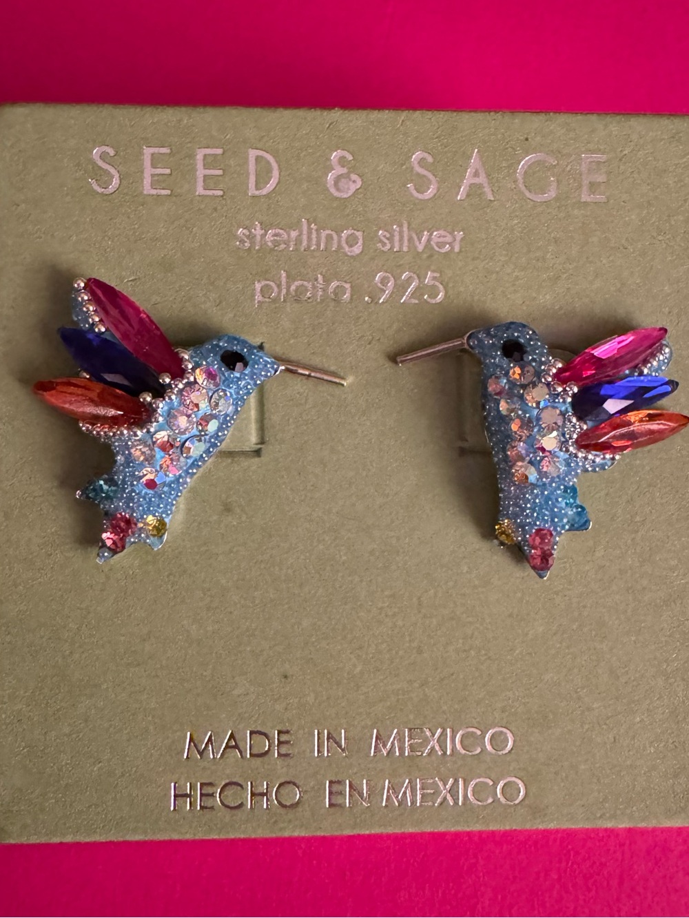 Seed & Sage Sterling Silver Blue Hummingbird Crystal Stud Earrings